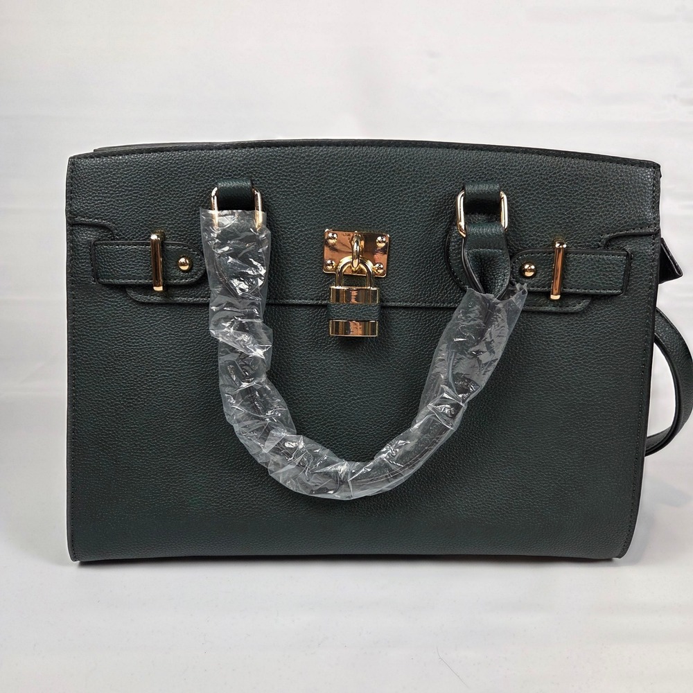 Dasein Satchel Handbag Dark Green Gold Lock Padlock Crossbody Tote Bag NWT Large